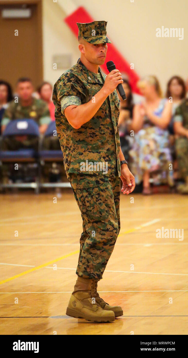 Col. Timothy P. Miller parla durante un cambiamento di cerimonia di comando a bordo Marine Corps Air Station Beaufort, 7 luglio. Il colonnello Peter Buck rinunciato il comando della stazione di aria al Col. Timothy P. Miller, che più recentemente ha servito a U.S. Comando del Pacifico come le esercitazioni di combattimento Branch Chief. Buck, che ha assunto il comando nel febbraio 13, 2014, è di ritirarvi dal Marine Corps dopo 30 anni di servizio dedicato. Foto Stock