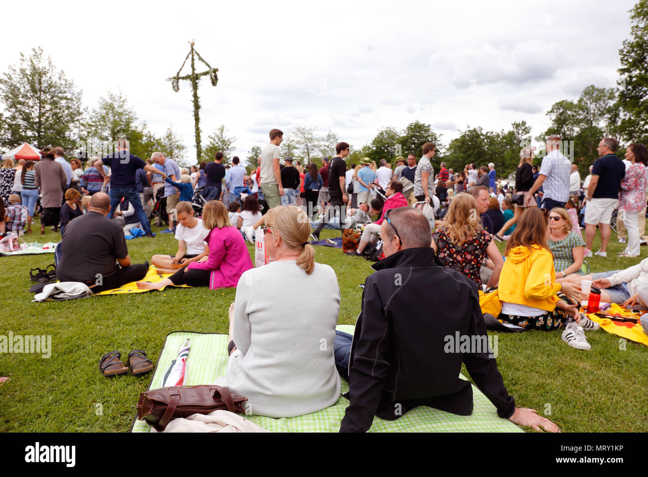 Mariefred, Svezia - 23 Giugno 2017: la gente di tutte le età celebra in pubblico la vigilia di mezza estate holliday evento. Foto Stock