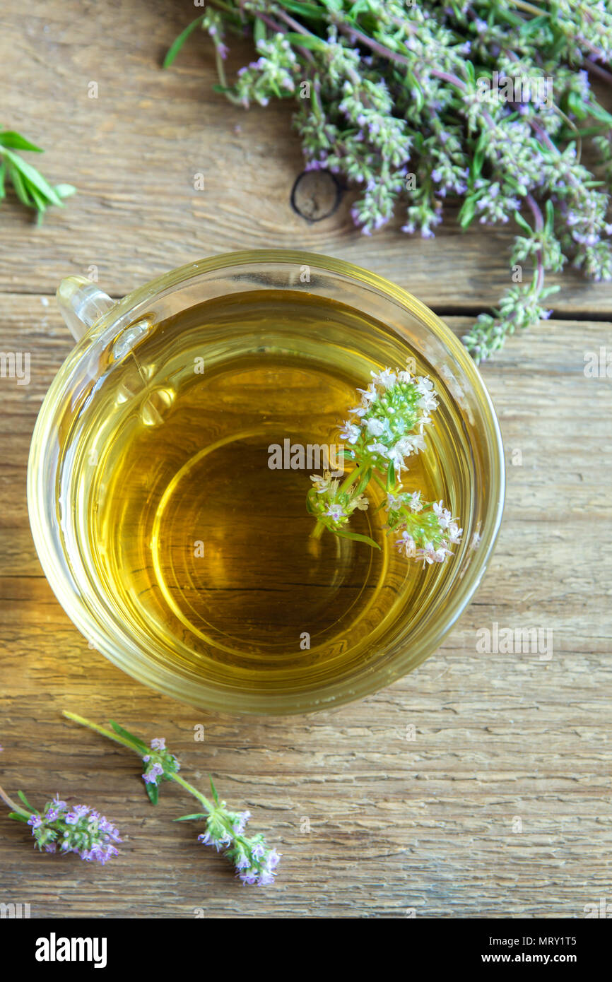 Salutare tè alle erbe con mazzetto di fresco timo selvatico e vintage tè-filtro sul vecchio sfondo di legno. Tazza di tè di timo, la bevanda a base di erbe. Foto Stock
