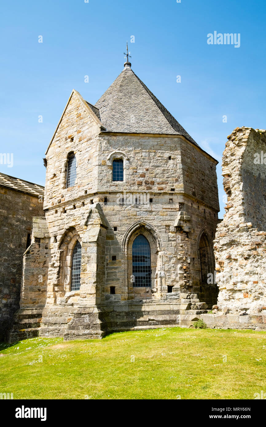 Vista di Inchcolm Abbey a Inchcolm isola in sul Firth of Forth river in Scozia, UK, Regno Unito Foto Stock
