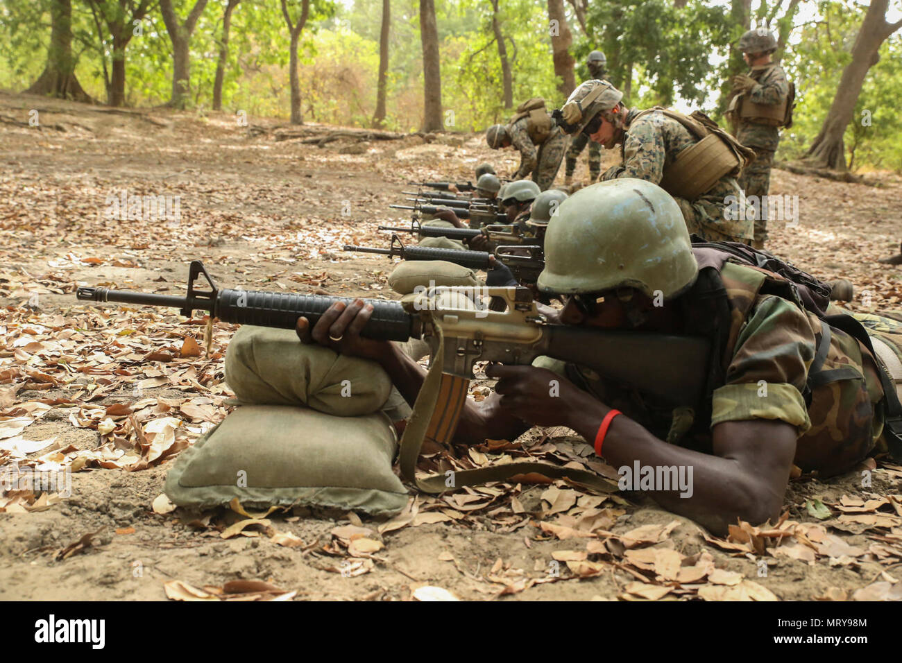 Membri del Senegal di Compagnie Fusilier de Marin Commando fire down-gamma sotto la supervisione di Marines con scopi speciali Air-Ground Marine Task Force - Risposta in caso di crisi - Africa, durante un live-Incendio campo a Toubakouta, Senegal, 13 aprile 2017. Marines con SPMAGTF-CR-AF e il COFUMACO condotta a quattro alla settimana di formazione professionale esercizio che includeva il combattimento avanzate tecniche di cottura, una mitragliatrice gamma e un live-fire attacco di plotone di gamma. Foto Stock