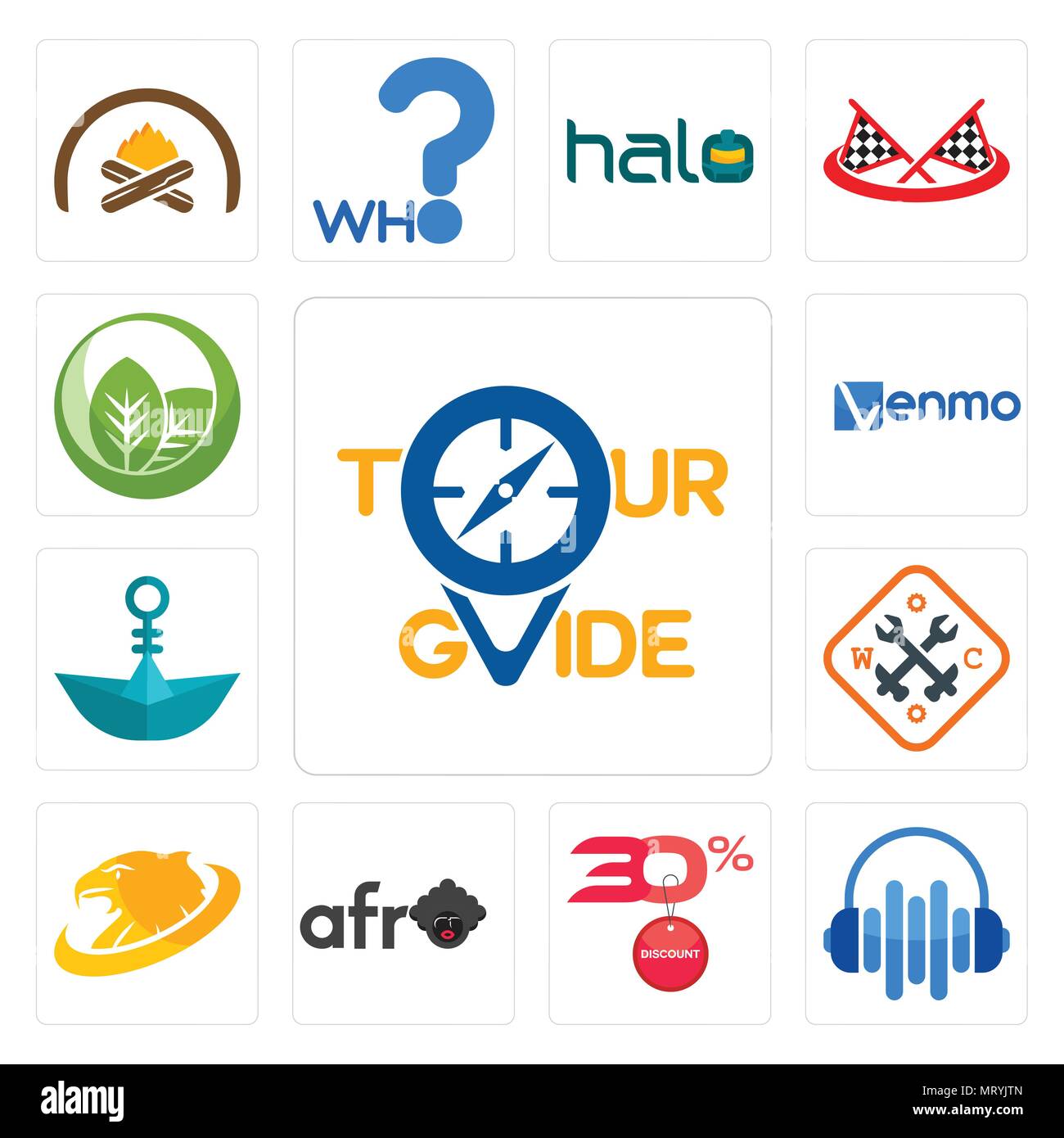 Set di 13 semplici icone modificabile come guida turistica, audio visivo, 30% di sconto, afro, golden eagle, classe operaia, carta barca, venmo, foglia può essere utilizzato Illustrazione Vettoriale