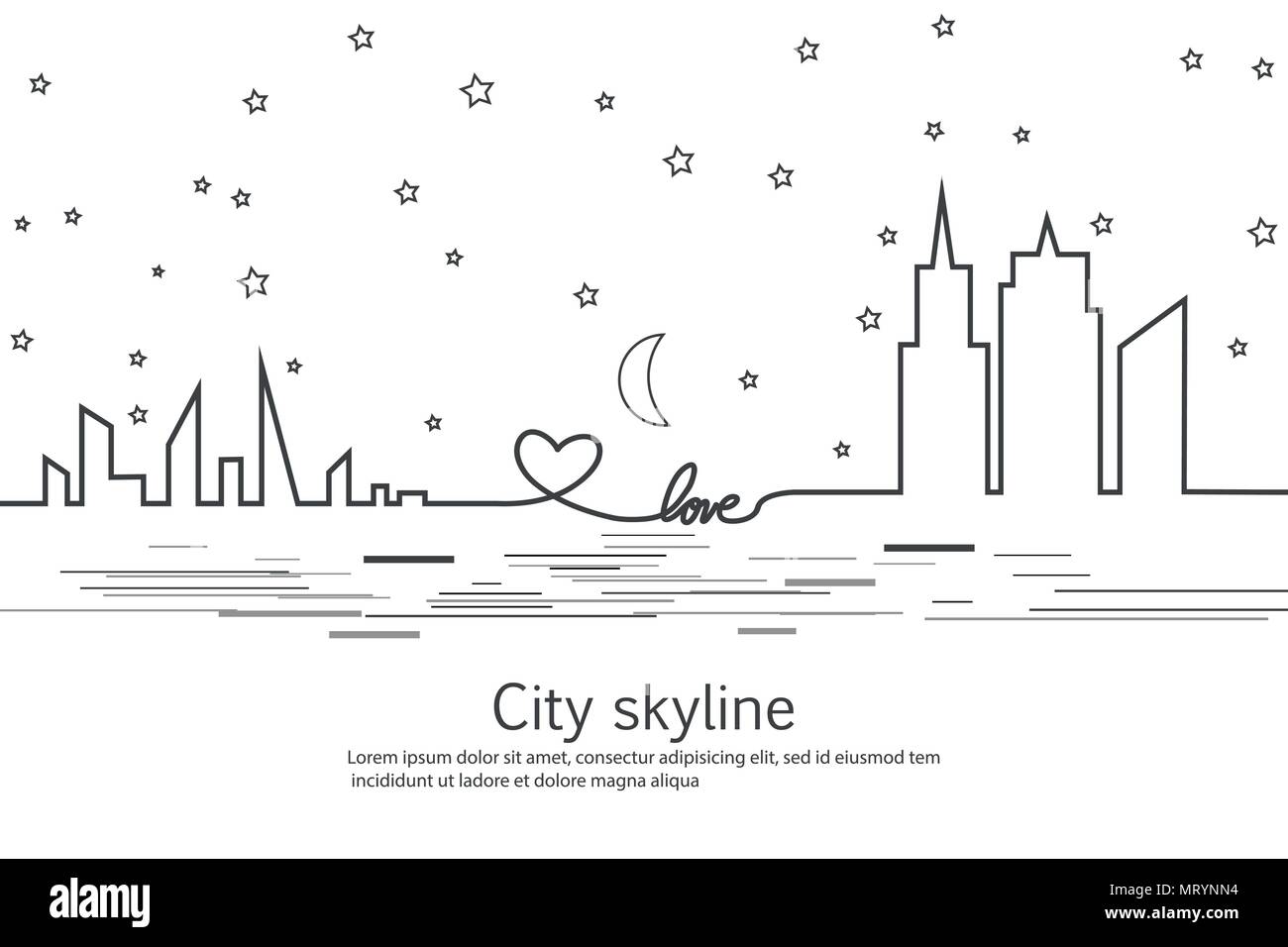La silhouette della città e la stella e la luna e di amore e di cuore in uno stile piatto. Moderno paesaggio urbano. Illustrazioni vettoriali. Città grattacieli Ufficio edilizia orizzonte.rappresentazione in linea continua. Linea del vettore. Figure geometriche con l'effetto di movimento Illustrazione Vettoriale La silhouette della città e la stella e la luna e di amore e di cuore in uno stile piatto. Moderno paesaggio urbano. Illustrazioni vettoriali. Città grattacieli Ufficio edilizia orizzonte.rappresentazione in linea continua. Linea del vettore. Figure geometriche con l'effetto di movimento Illustrazione Vettoriale