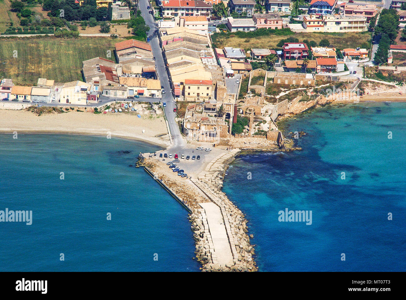 Vista aerea di antica pesca del tonno in Avola, Sicilia Foto Stock