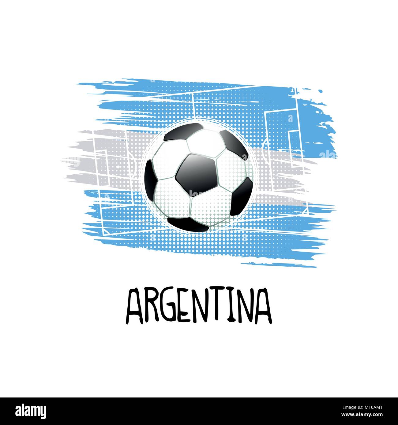 Scritto a mano la parola " Argentina " con pallone da calcio, campo da calcio e i colori astratti della bandiera dell'Argentina. Illustrazione Vettoriale. Illustrazione Vettoriale