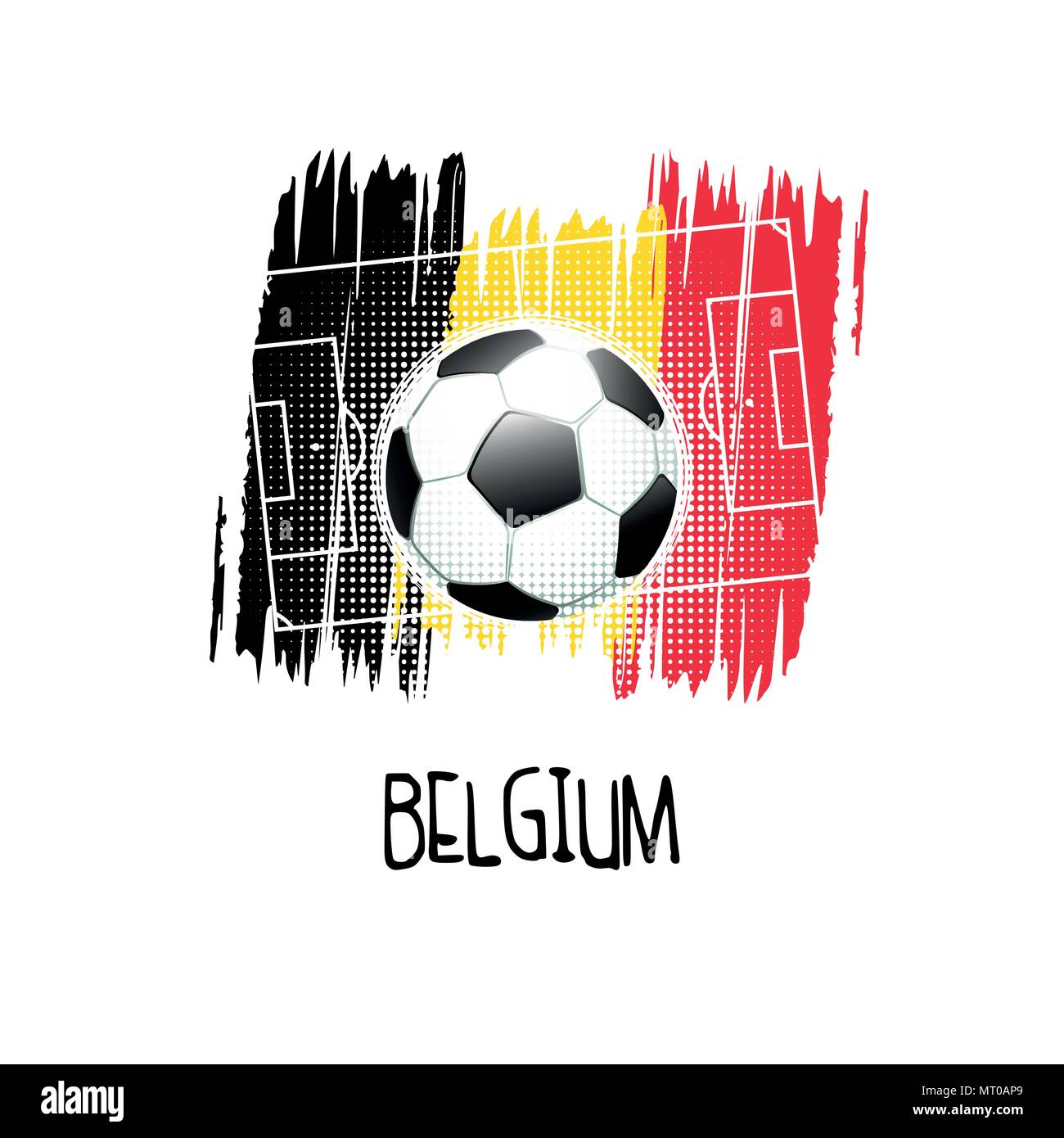 Scritto a mano la parola " Belgio " con pallone da calcio, campo da calcio e i colori astratti della bandiera belga. Illustrazione Vettoriale. Illustrazione Vettoriale