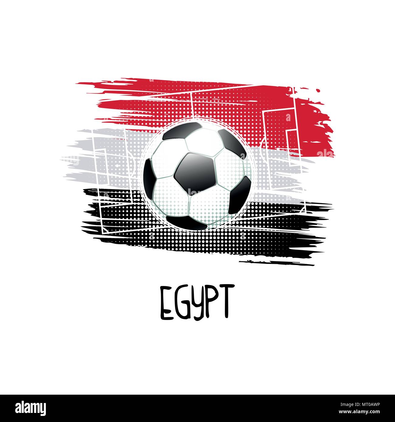 Scritto a mano la parola "Egitto" con pallone da calcio, campo da calcio e abstract colori della bandiera egiziana. Illustrazione Vettoriale. Illustrazione Vettoriale