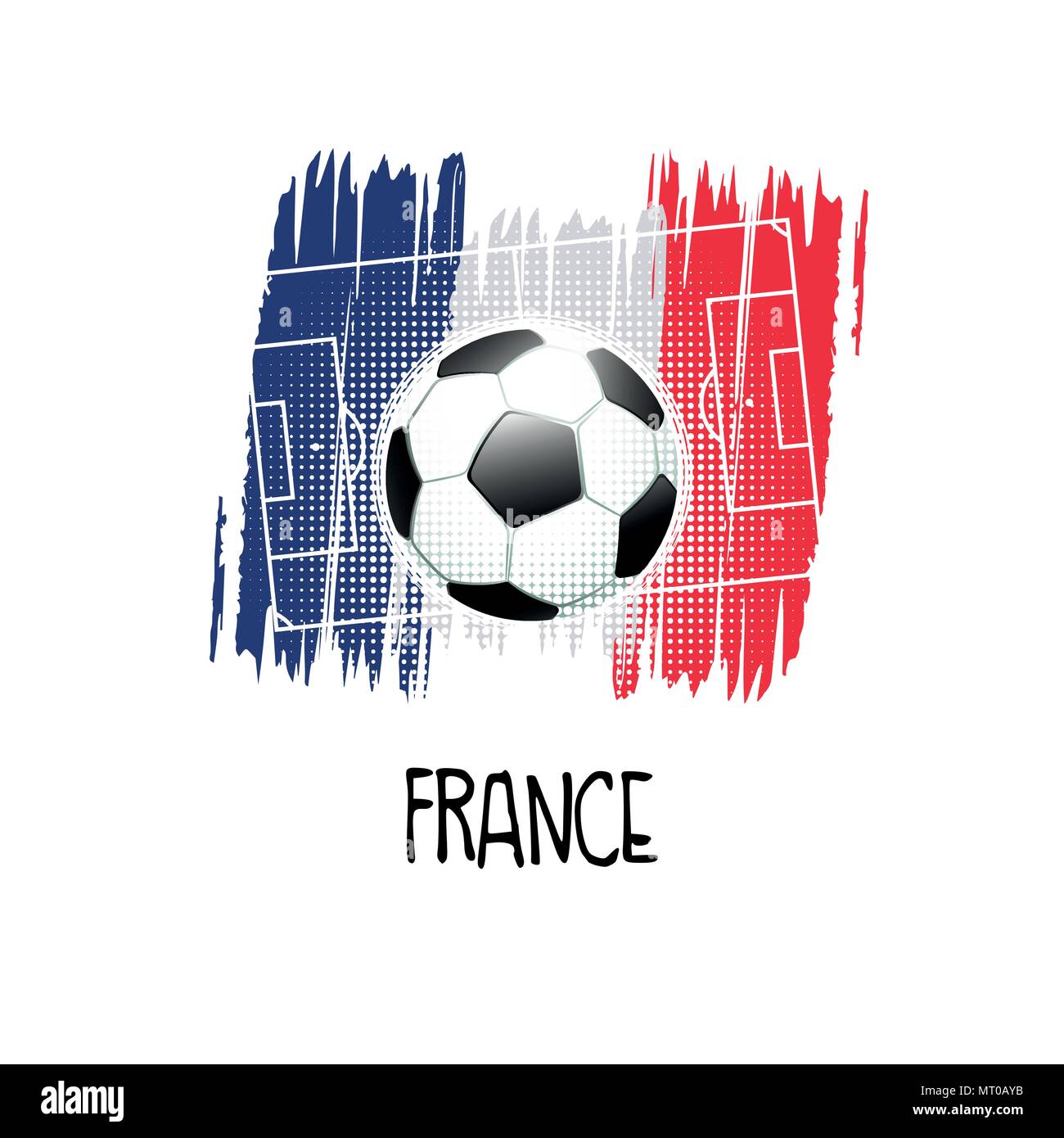 Scritto a mano la parola " Francia " con pallone da calcio, campo da calcio e i colori astratti della bandiera francese. Illustrazione Vettoriale. Illustrazione Vettoriale