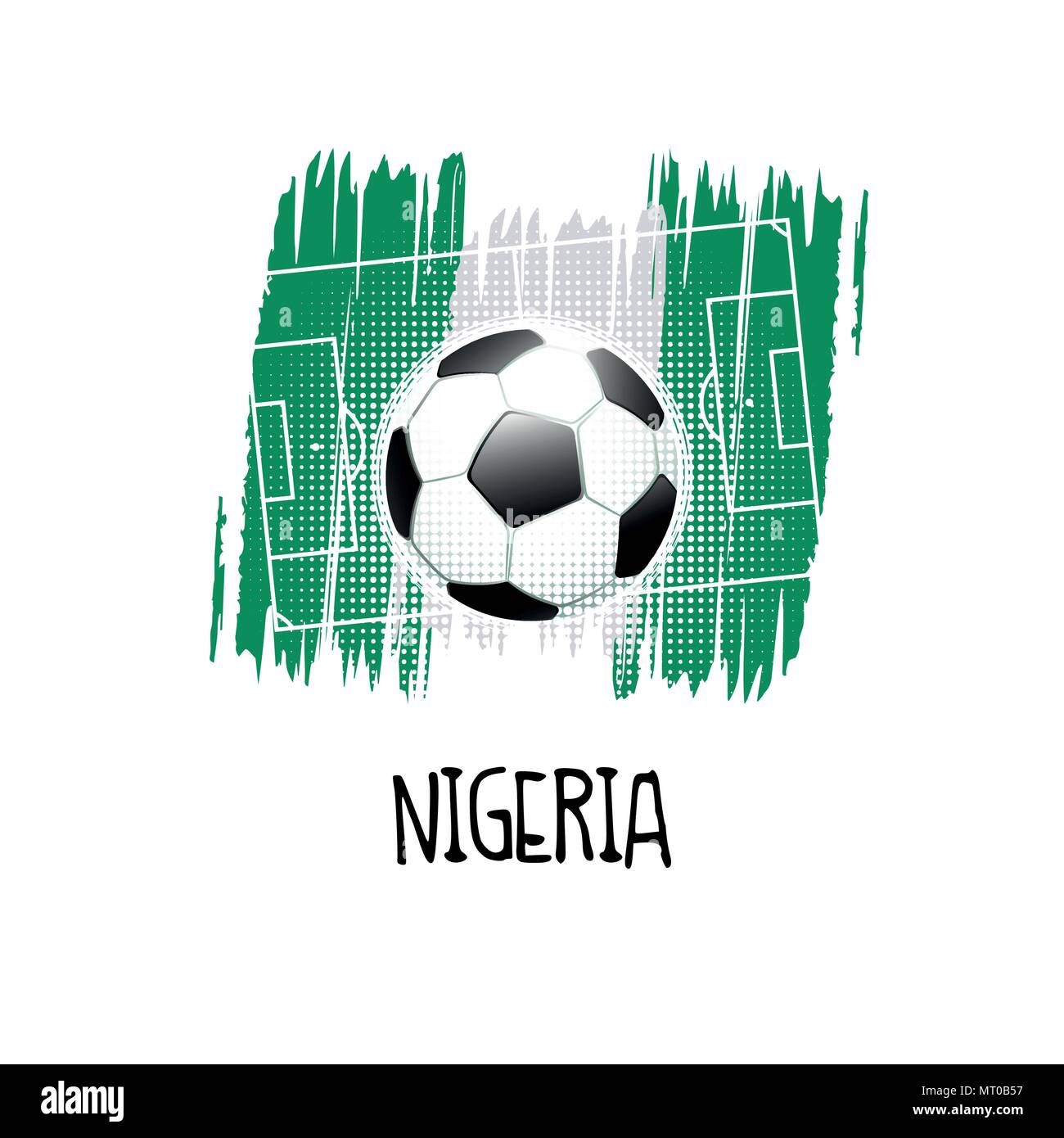 Scritto a mano la parola "NIGERIA" con pallone da calcio, campo da calcio e i colori astratti della bandiera nigeriana. Illustrazione Vettoriale. Illustrazione Vettoriale
