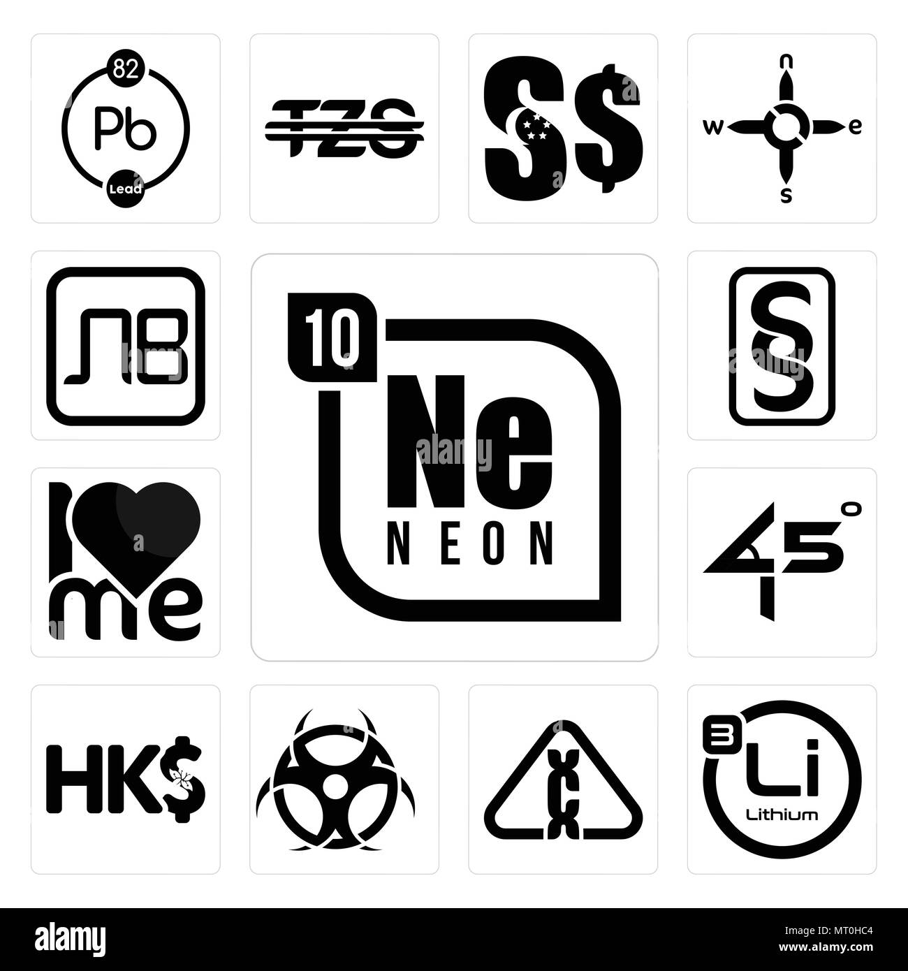 Set di 13 semplici icone modificabile come neon, litio, cancerogeno per contagio, hong kong moneta, 45 gradi, , paragraf, moneta bulgara può Illustrazione Vettoriale