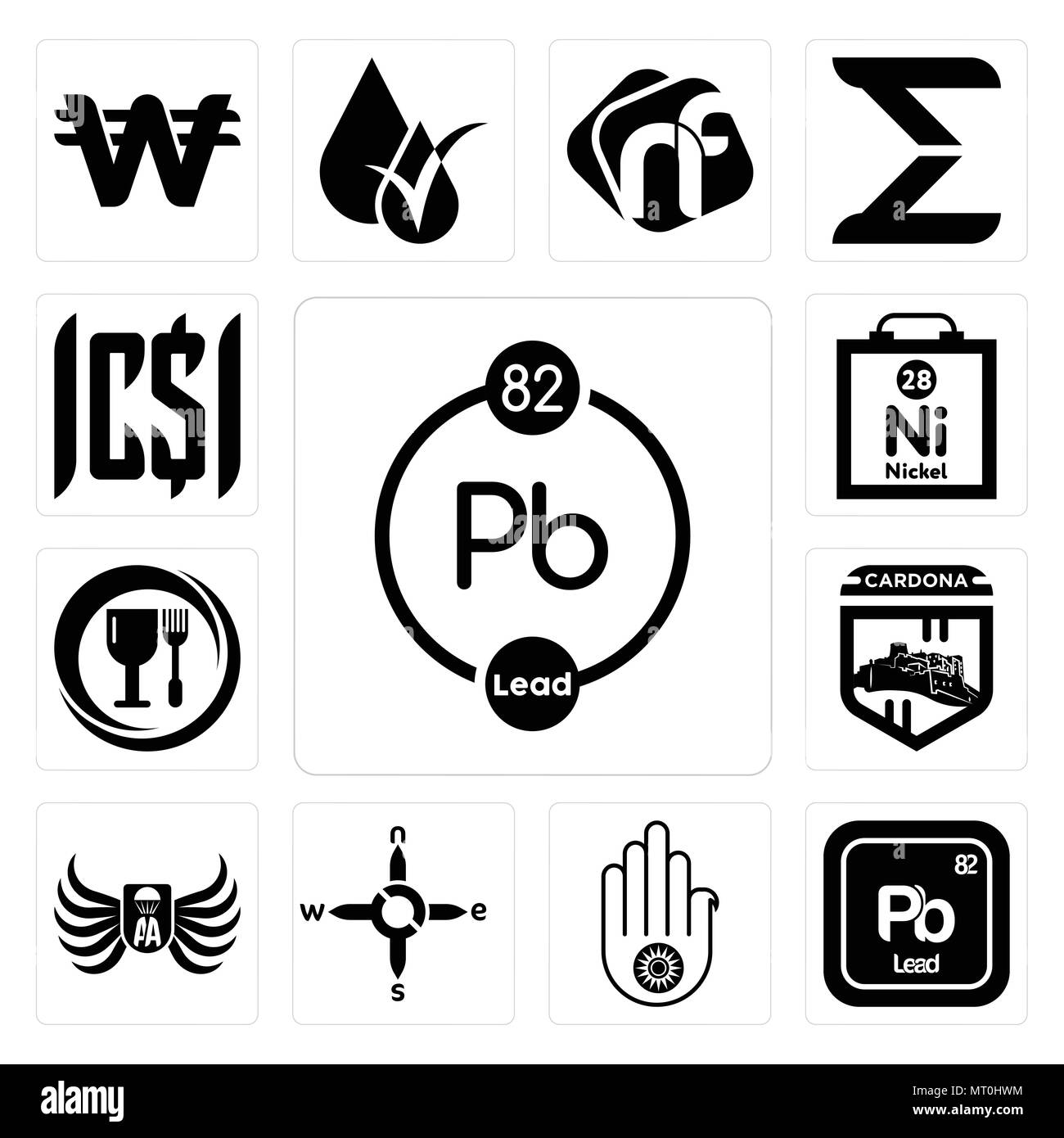 Set di 13 semplici icone modificabile come sostanze chimiche, pb jain, n s e w, esercito airborne, Cardona, food grade, nichel, può essere usato per il mobile, l'interfaccia utente web Illustrazione Vettoriale