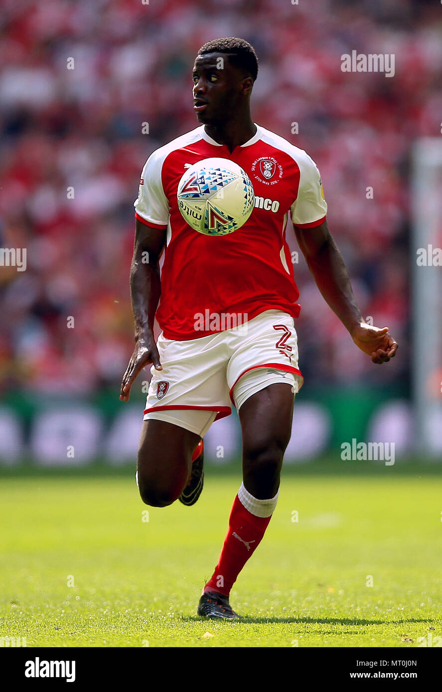 Rotherham Regno di Joshua Emmanuel durante il Cielo lega Bet One finale allo stadio di Wembley, Londra. Stampa foto di associazione. Picture Data: domenica 27 maggio, 2018. Vedere PA storia Soccer League. Foto di credito dovrebbe leggere: Nigel francese/filo PA. Restrizioni: solo uso editoriale nessun uso non autorizzato di audio, video, dati, calendari, club/campionato loghi o 'live' servizi. Online in corrispondenza uso limitato a 75 immagini, nessun video emulazione. Nessun uso in scommesse, giochi o un singolo giocatore/club/league pubblicazioni. Foto Stock