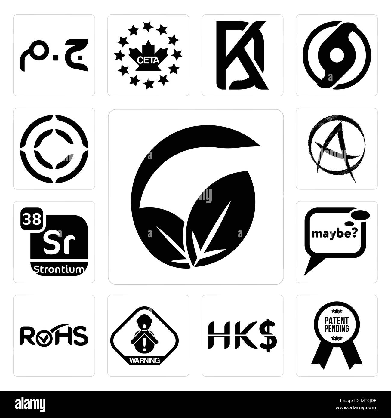 Set di 13 semplici icone modificabile come vs Vegana Vegetariana, in attesa di brevetto, dollaro di Hong Kong, il rischio di soffocamento, rohs, forse, stronzio, punk di anarchia e c Illustrazione Vettoriale