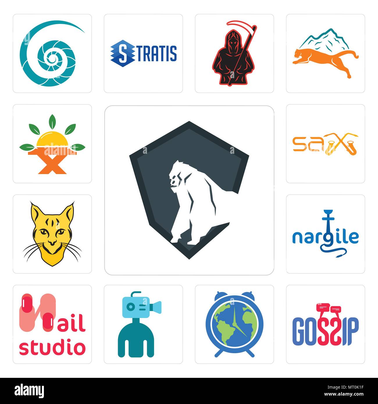 Set di 13 semplici icone modificabile come King Kong, gossip, Earth Hour, cameraman, nail studio, nargile, Bobcat, sax, dalla fattoria alla tavola può essere usata per mob Illustrazione Vettoriale