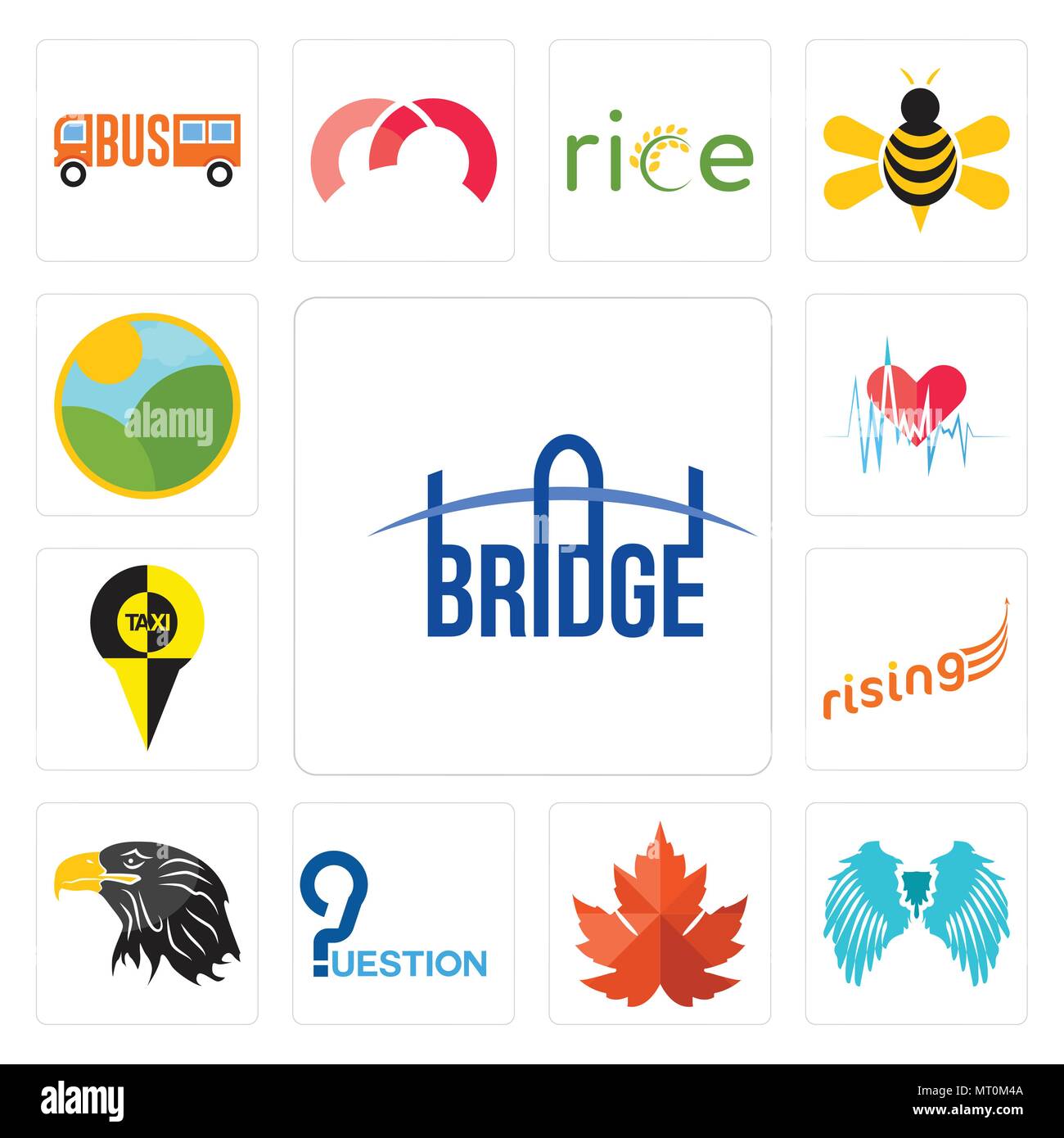 Set di 13 semplici icone modificabile come bridge, Angelo ala, maple leaf, domanda, testa di eagle, lievitazione, , heartbeat, farm può essere utilizzato per il mobile, l'interfaccia utente web Illustrazione Vettoriale