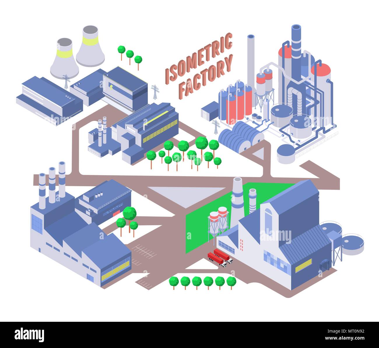 Set di quattro isometrica del vettore edificio industriale, dell'energia e di impianto chimico e altre fabbriche Illustrazione Vettoriale