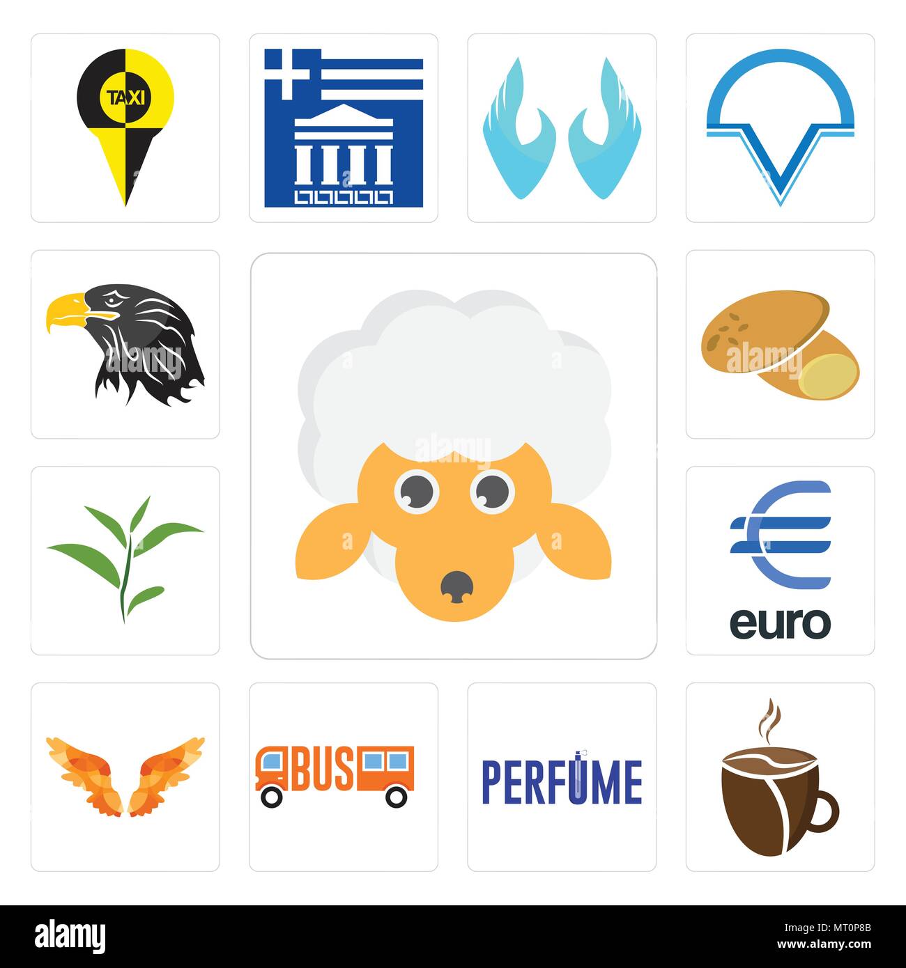 Set di 13 semplici icone modificabili quali, Caff, ali d'angelo, euro, foglie di tè, la patata, eagle testa può essere utilizzata per il mobile, l'interfaccia utente web Illustrazione Vettoriale
