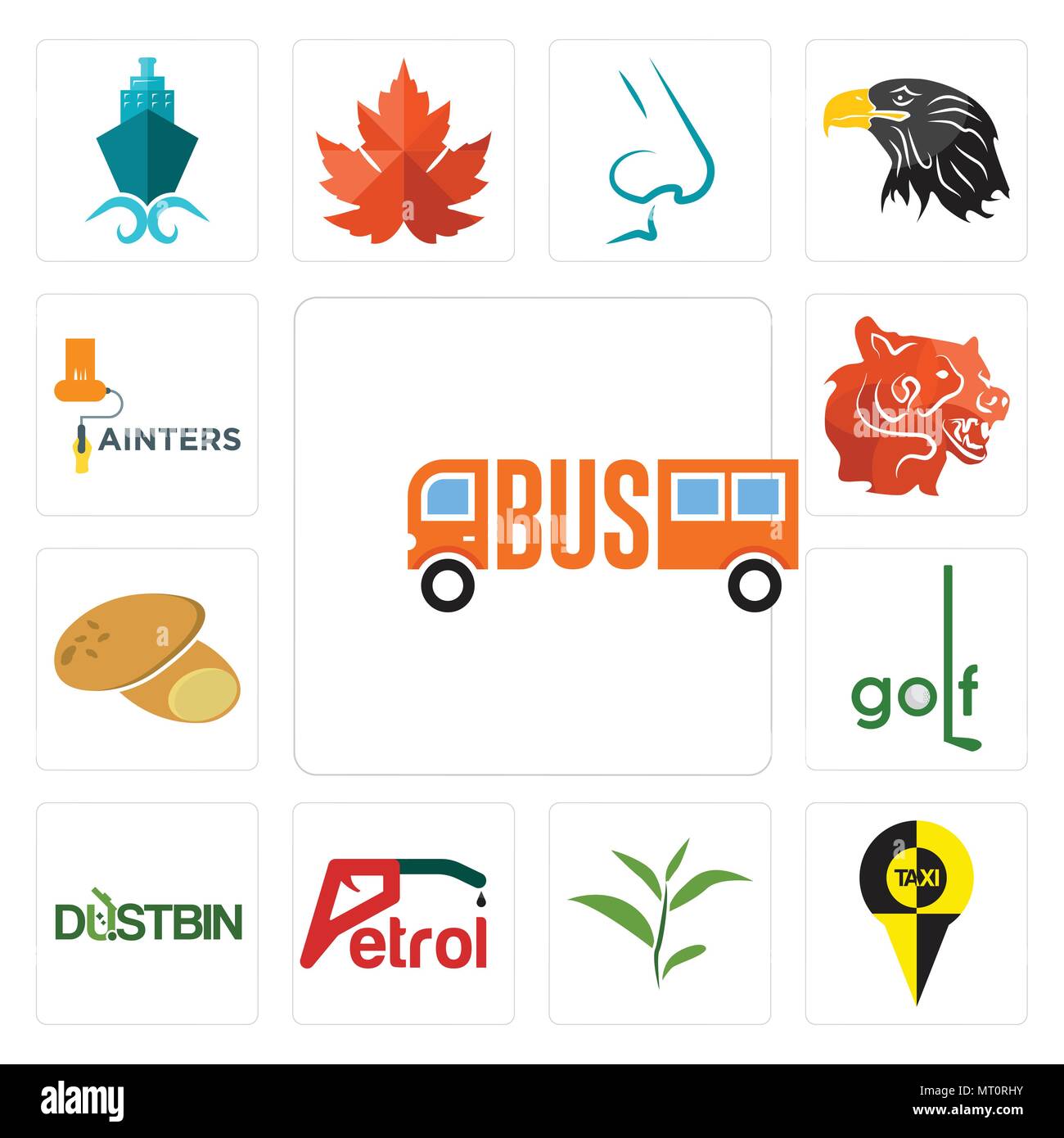 Set di 13 semplici icone modificabile come le foglie di tè, benzina, spazzatura, golf, patata, testa di orso, pittori può essere utilizzato per il mobile, l'interfaccia utente web Illustrazione Vettoriale