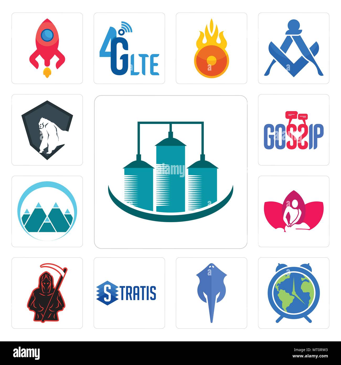 Set di 13 semplici icone modificabile come silo, Earth Hour, stingray, stratis, Grim Reaper, massaggio terapeuta, mont, gossip, King Kong può essere usato per m Illustrazione Vettoriale