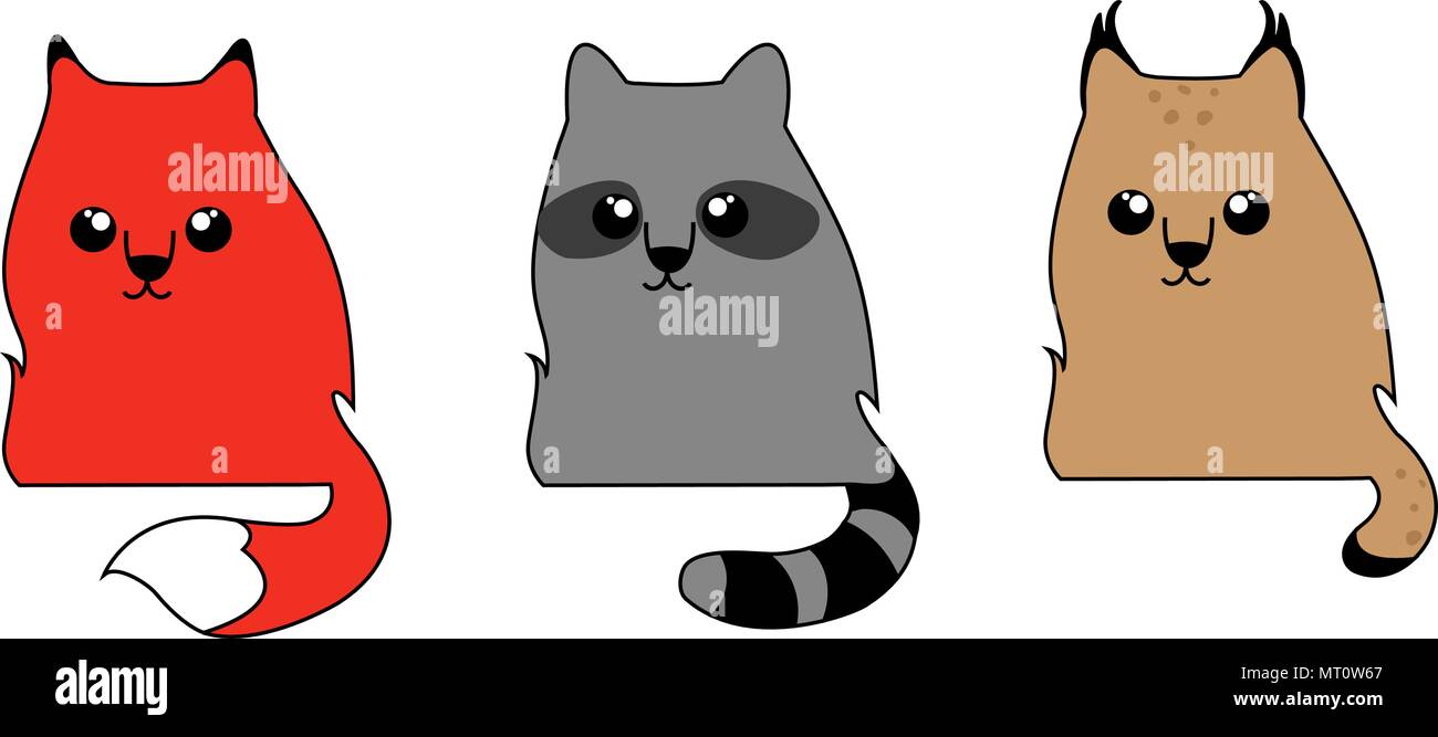Carino gli animali del bosco: una volpe, raccoon e Bobcat. Un set di caratteri del fumetto, logo, icone. Illustrazione Vettoriale