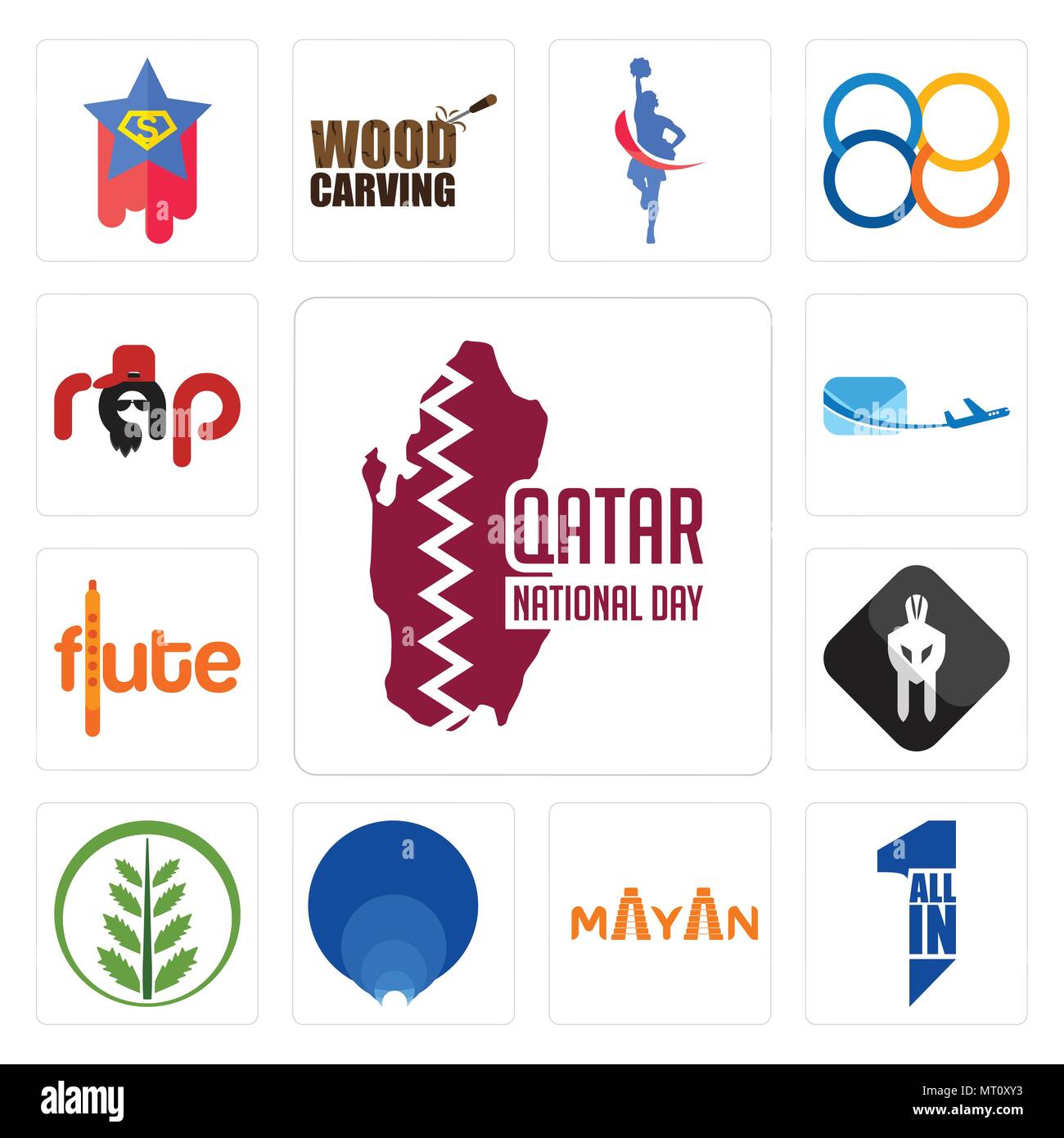 Set di 13 semplici icone modificabili quali Qatar nazionale giorno tutto in uno, Maya, rapporto aureo, felce, bianco spartan, flauto, posta aerea, rap può essere utilizzata per Illustrazione Vettoriale