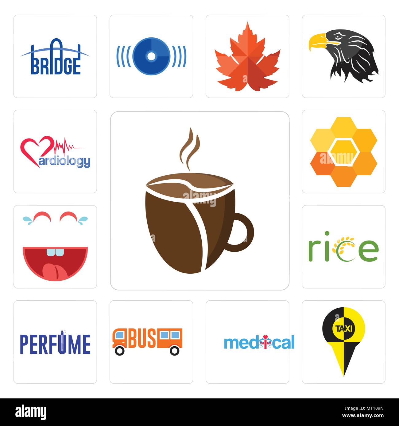 Set di 13 semplici icone modificabili quali caffetteria, , medico, ridere, honeycomb, cardiologia può essere utilizzato per il mobile, l'interfaccia utente web Illustrazione Vettoriale