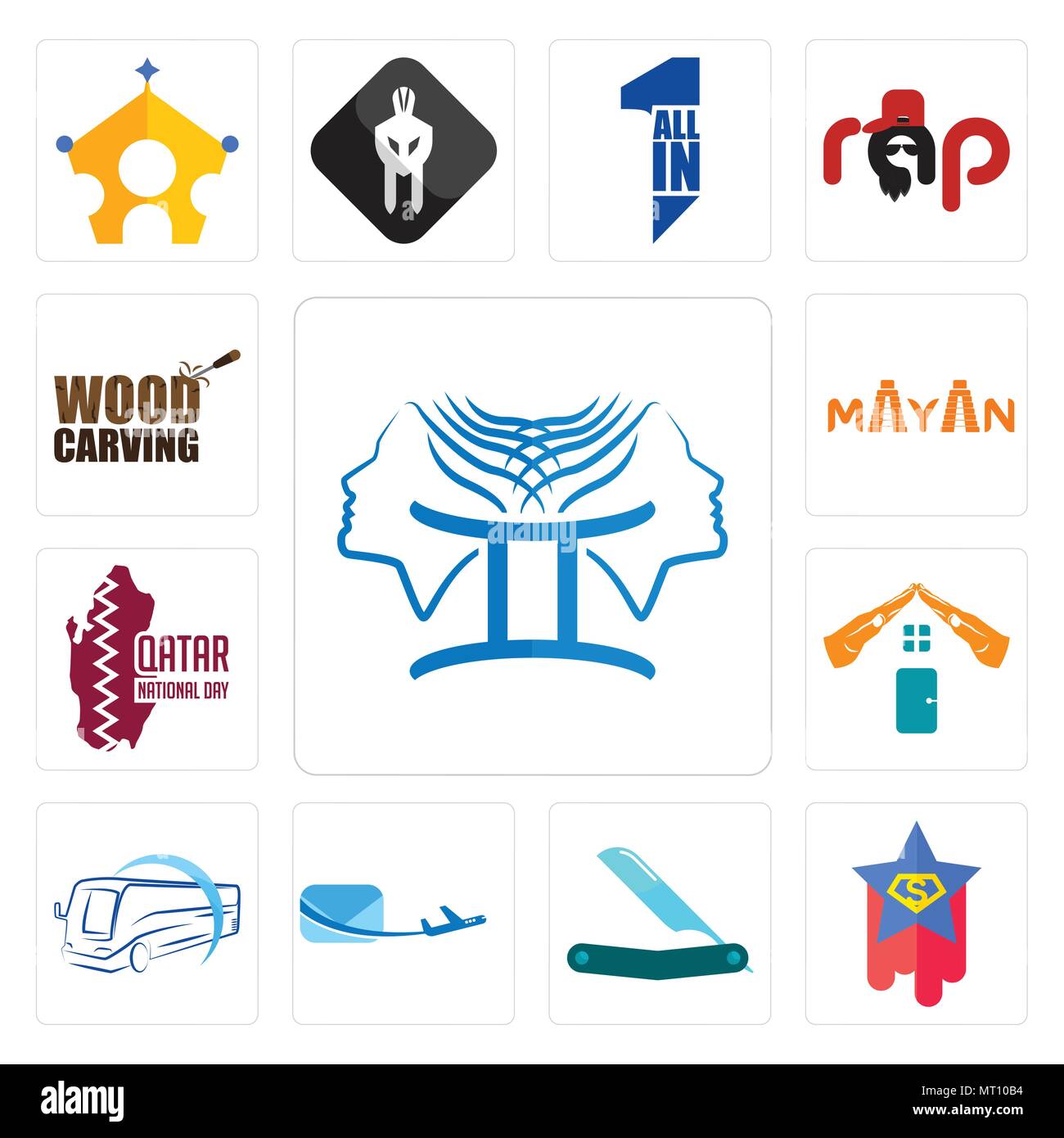 Set di 13 semplici icone modificabile come superstar, rasoio, posta aerea, società di autobus, realestate, Qatar giornata nazionale, Maya, sculture in legno può essere Illustrazione Vettoriale