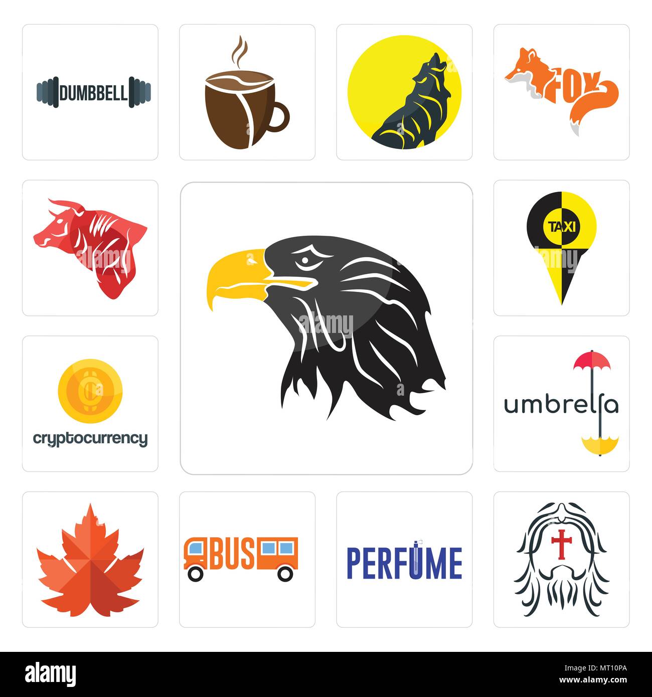 Set di 13 semplici icone modificabile come testa di eagle, , maple leaf, ombrello, cryptocurrency, Bull può essere utilizzato per il mobile, l'interfaccia utente web Illustrazione Vettoriale