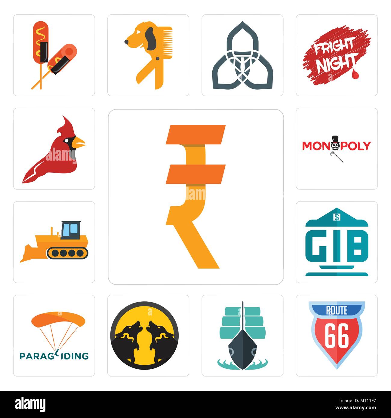 Set di 13 semplici icone modificabili come il rupee, route 66, Tall Ship, pack Wolf, parapendio, banca generico, apripista, monopolio, il cardinale uccello può essere utilizzata f Illustrazione Vettoriale