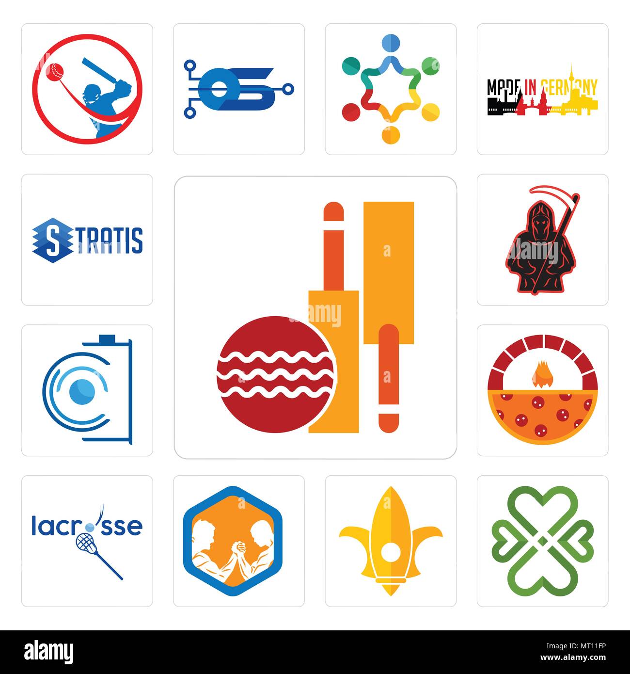 Set di 13 semplici icone modificabili come il cricket club, quattro cuori, lis, arm wrestling, lacrosse, Brick Oven pizza, fotocamera, Grim Reaper, stratis can b Illustrazione Vettoriale