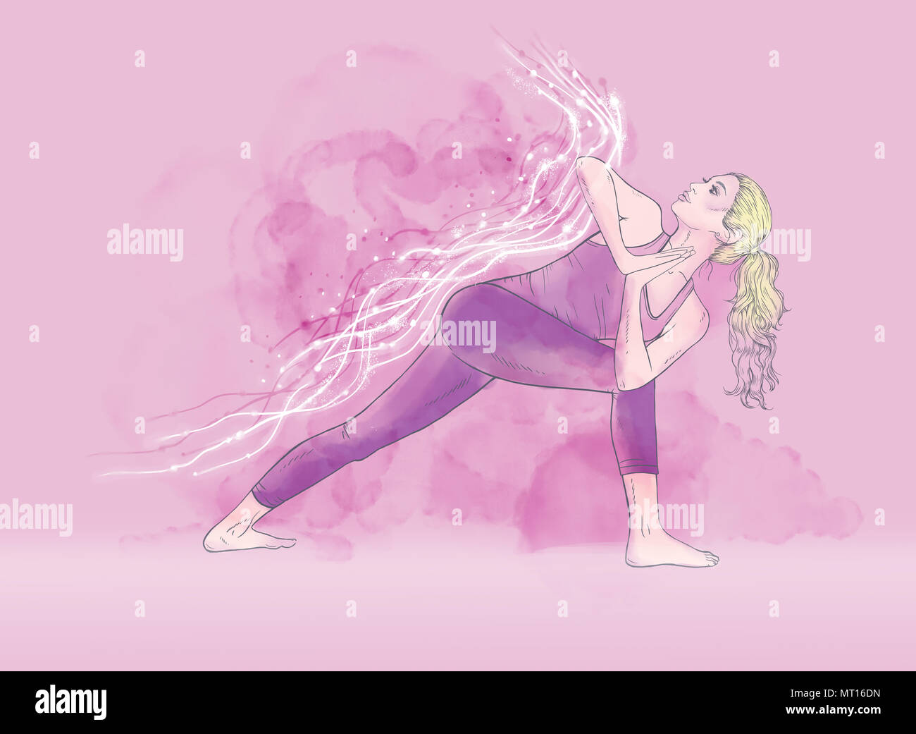 La donna sta facendo yoga posa e ritiene che l'energia va dall'esterno Foto Stock