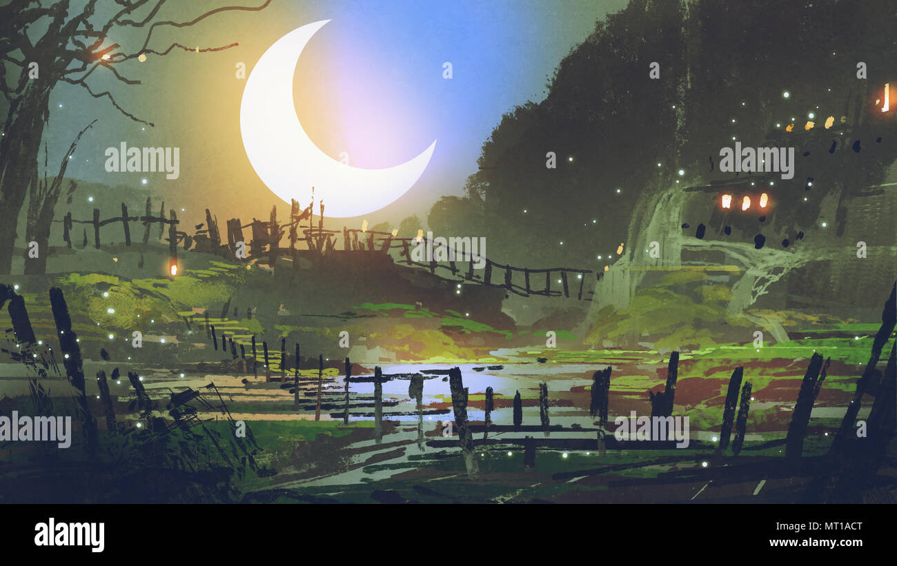 Bellissimo paesaggio del giardino di notte con grande falce di luna, arte digitale stile, illustrazione pittura Foto Stock