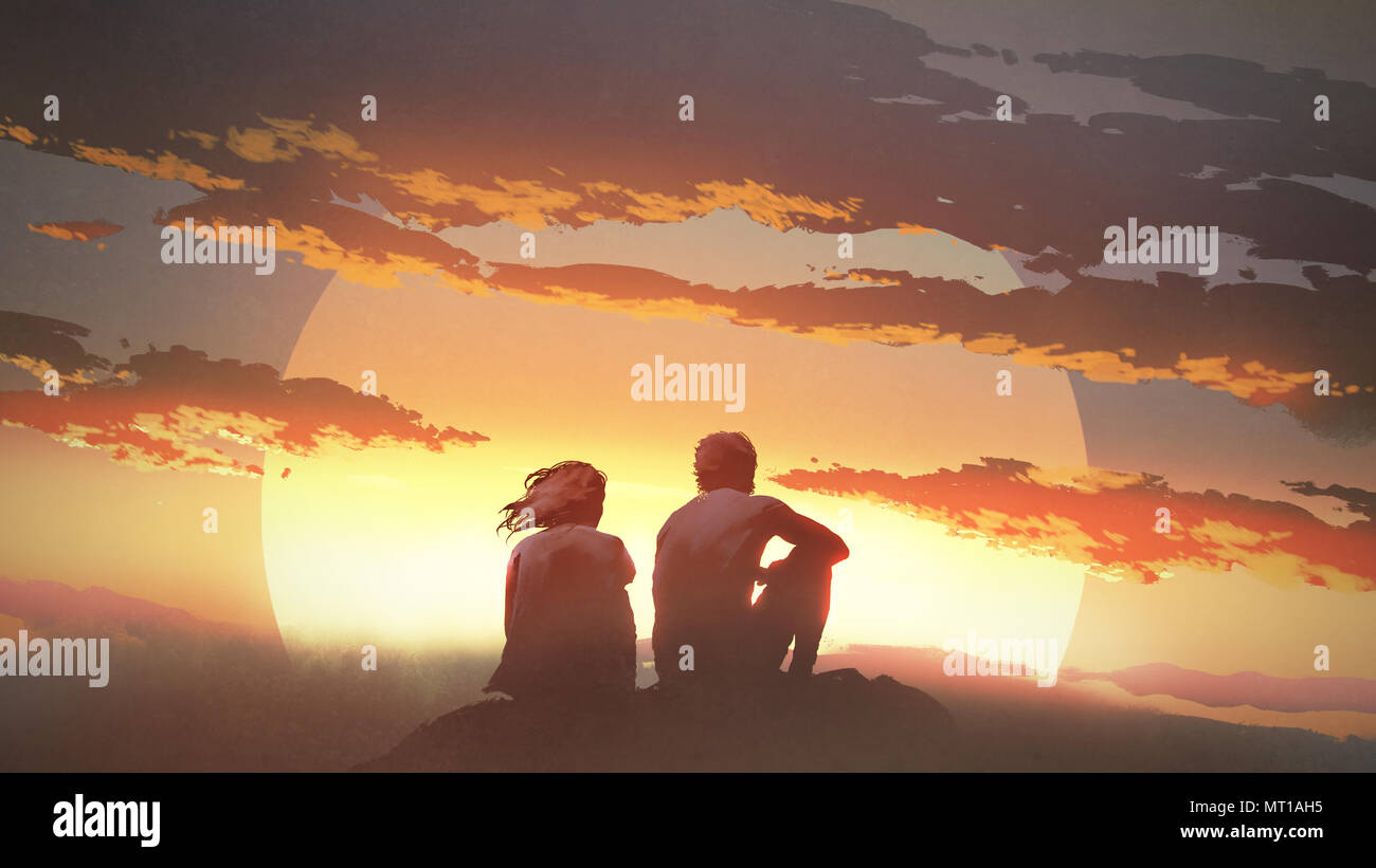 Silhouette di una coppia giovane seduto su di una roccia a guardare il tramonto, arte digitale stile, illustrazione pittura Foto Stock