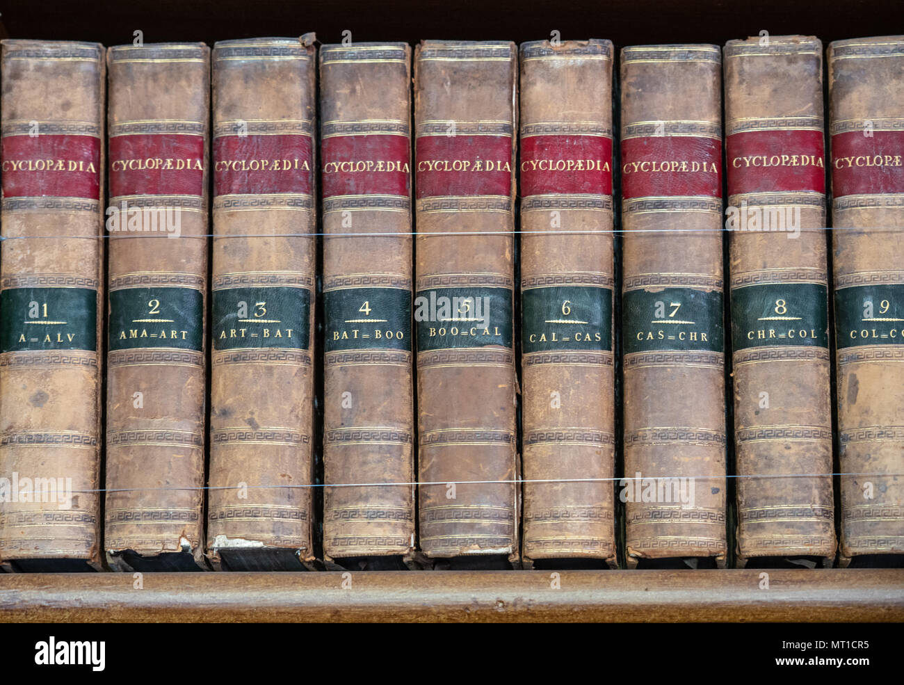Set di vecchi libri di riferimento su un ripiano Foto Stock