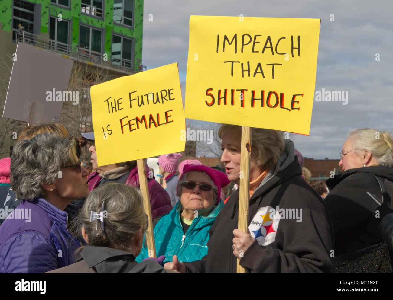 ASHEVILLE, North Carolina, Stati Uniti d'America - 20 gennaio 2018: le donne anziane che partecipano al 2018 Donna marzo attesa segni politici dicendo " Il futuro è FEMA Foto Stock