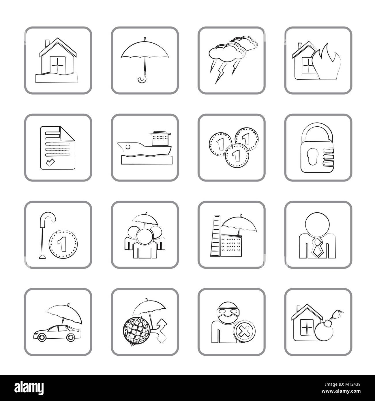 Assicurazione rischio e icone - vettore icona impostare Illustrazione Vettoriale