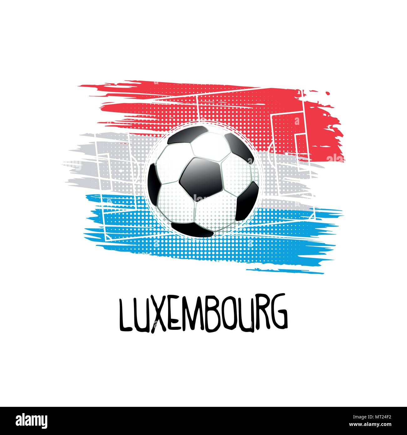 Scritto a mano la parola "Lussemburgo" con pallone da calcio, campo da calcio e i colori astratti del Lussemburgo bandiera. Illustrazione Vettoriale. Illustrazione Vettoriale