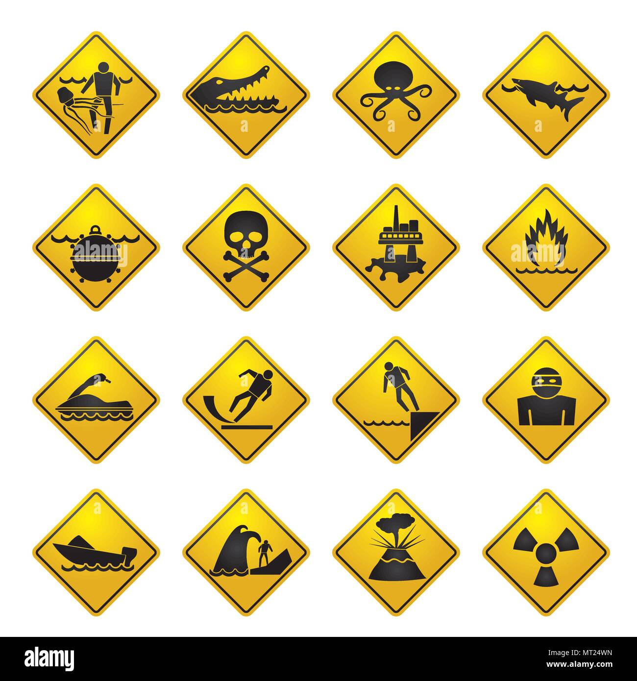 Cartelli di avvertimento per i pericoli in mare, oceano, spiaggia e fiumi vettore - Serie di icone 1 Illustrazione Vettoriale