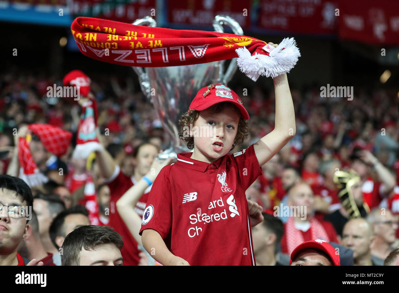 Tifosi del Liverpool prima della finale di UEFA Champions League match tra il Real Madrid e il Liverpool a Olimpiyskiy National Sports Complex su 26 Maggio 2018 a Kiev, Ucraina. (Foto di Daniel Chesterton/phcimages.com) Foto Stock