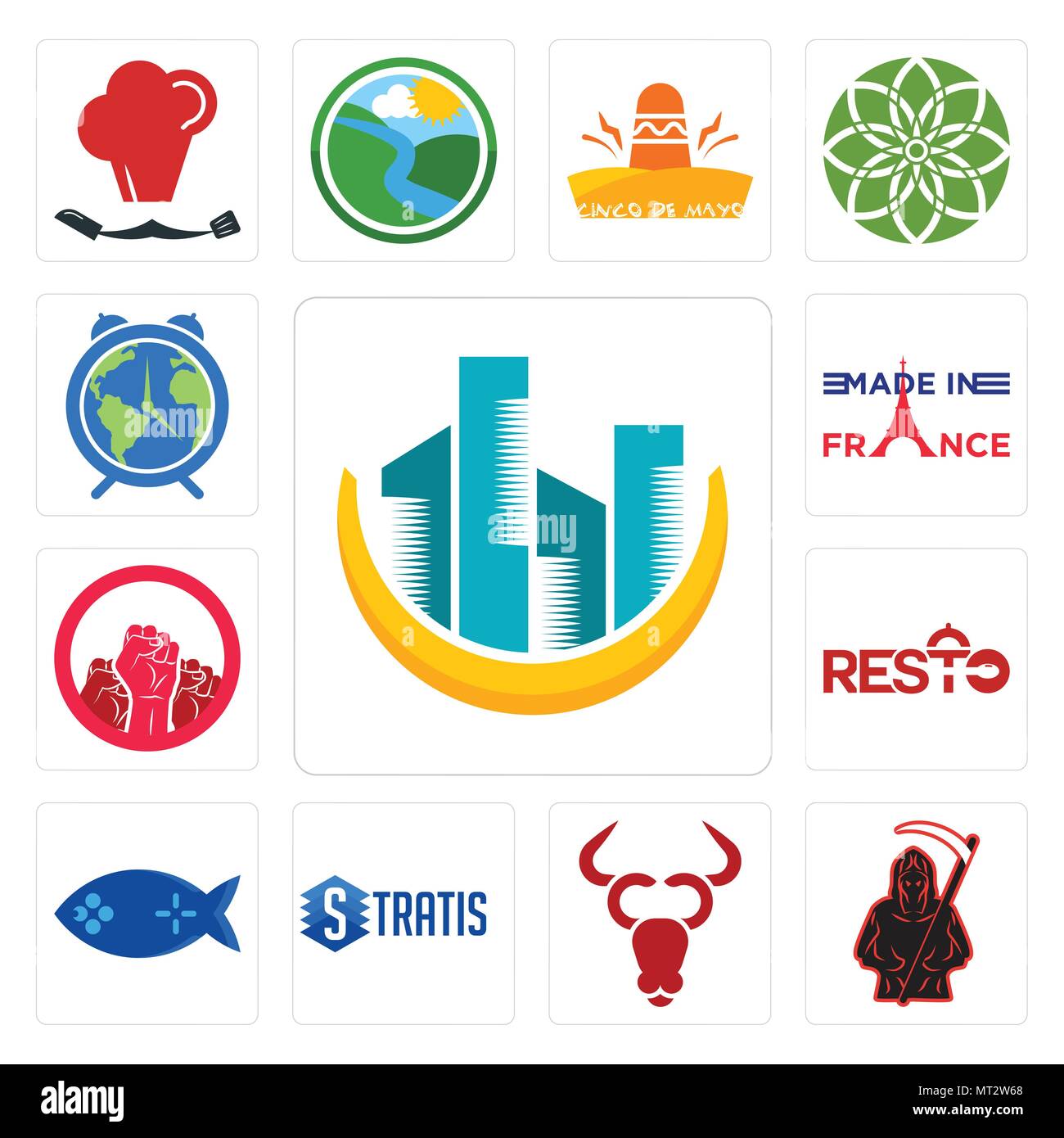 Set di 13 semplici icone modificabile come costruzione, Grim Reaper, bovini company, stratis, gioco della pesca, resto, giustizia sociale, fatto in Francia, messa a terra Illustrazione Vettoriale