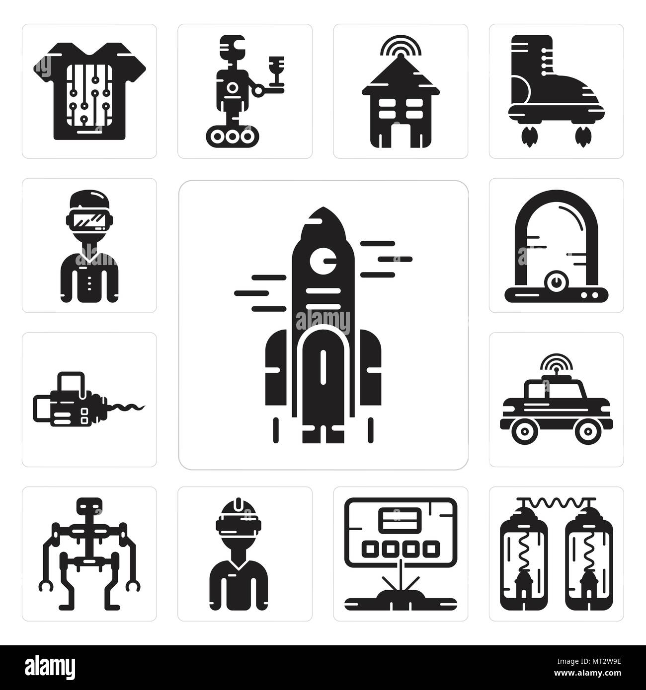 Set di 13 semplici icone modificabile come un razzo, Teletrasporto, ologramma, occhiali VR, Robot, auto, Chainsaw, incubatore di uovo, occhio rift può essere utilizzata per Illustrazione Vettoriale