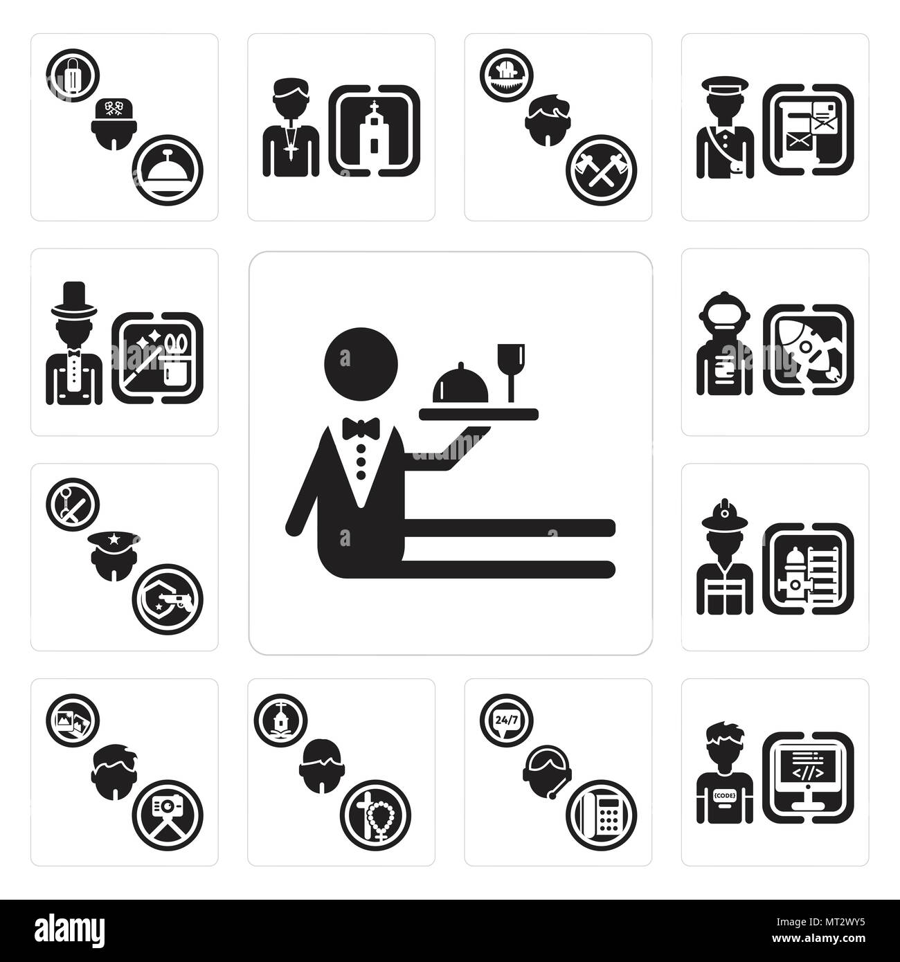 Set di 13 semplici icone modificabile come cameriere, programmatore, supporto, sacerdote, fotografo, vigile del fuoco, poliziotto, Astronauta, mago può essere utilizzata per Illustrazione Vettoriale