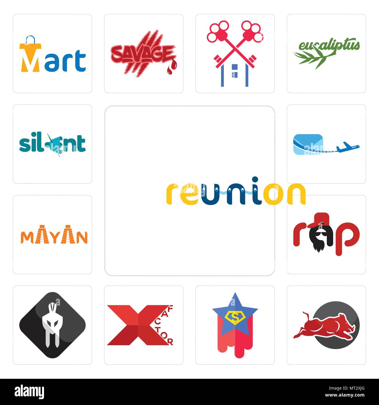 Set di 13 semplici icone modificabile come reunion, wild hog, superstar, xfactor, bianco spartan, rap, Maya, posta aerea, silenziosa può essere utilizzato per il mobile, web Illustrazione Vettoriale