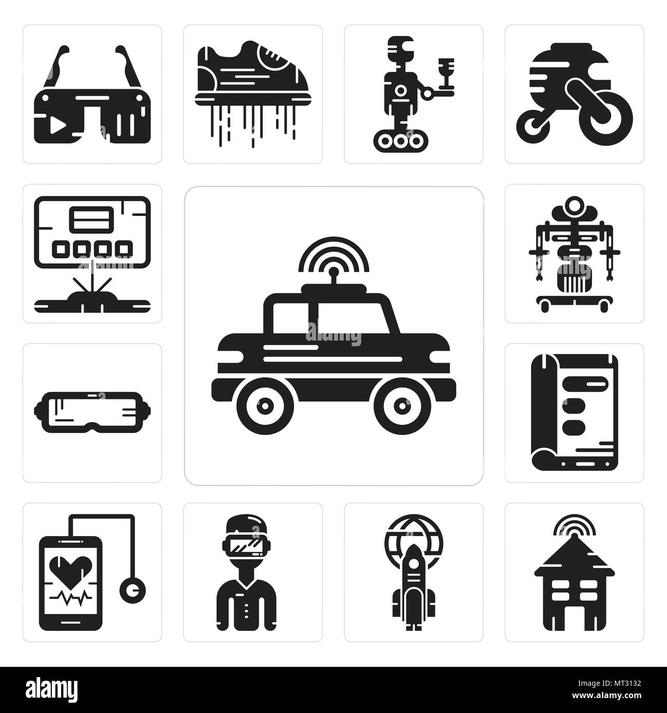 Set di 13 semplici icone modificabili come l'Automobile, Smart house, rucola, occhio rift, stetoscopio, Display, Robot, ologramma può essere utilizzato per il mobile, l'interfaccia utente web Illustrazione Vettoriale
