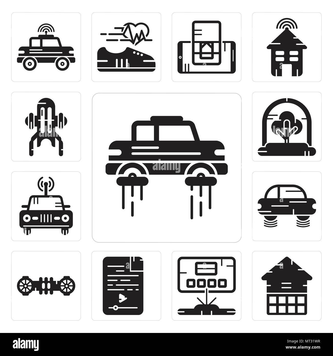 Set di 13 semplici icone modificabili quali battenti auto, Eco House, ologramma, file audio, hoverboard, auto, albero, Jet pack può essere utilizzato per il mobile, l'interfaccia utente web Illustrazione Vettoriale