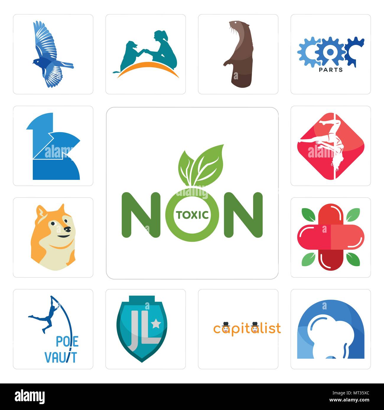 Set di 13 semplici icone modificabile come non tossico, d dentista, capitalista, , pole vault, farmacia, doge, danza, 111 può essere utilizzato per il mobile, l'interfaccia utente web Illustrazione Vettoriale