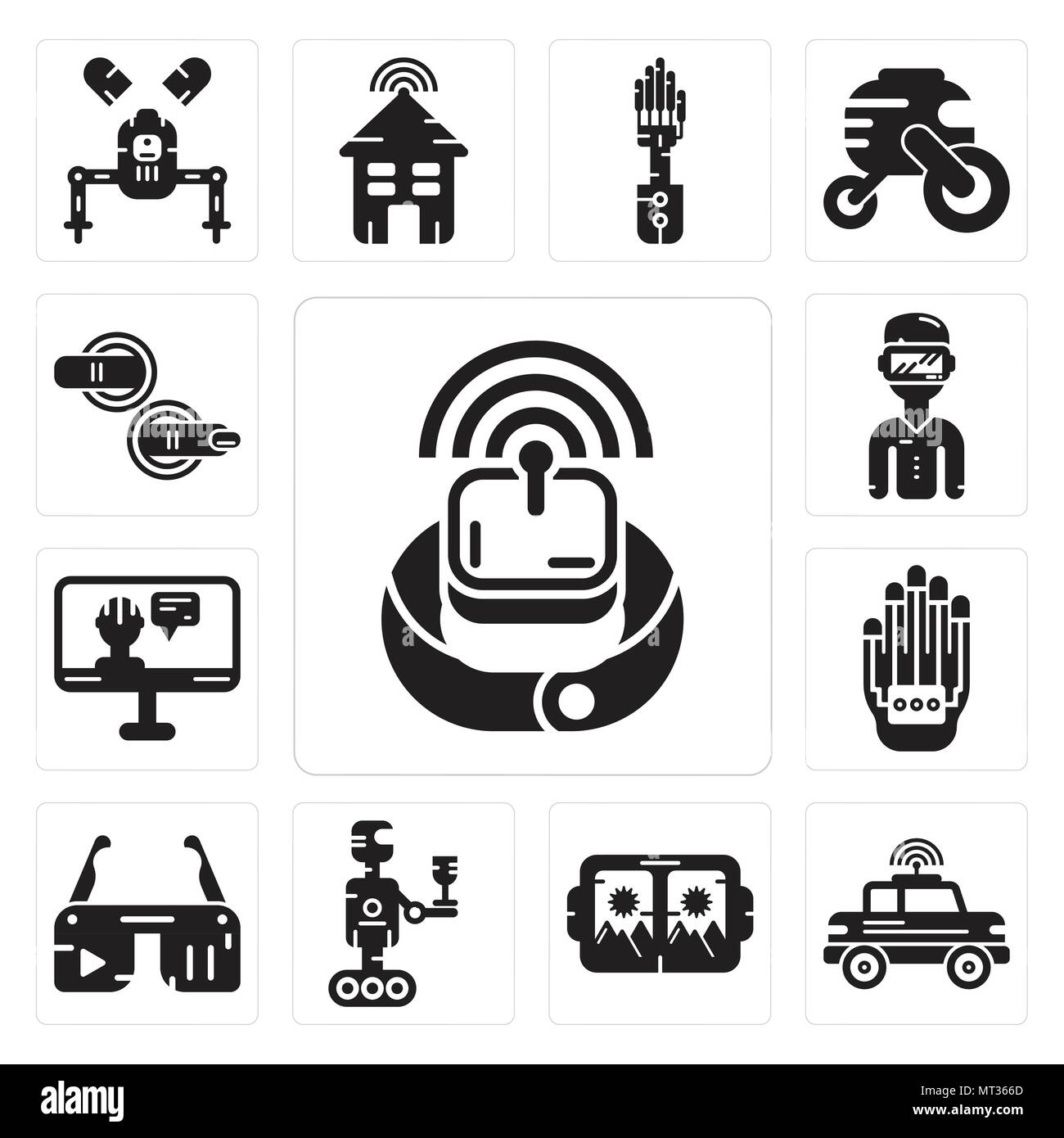 Set di 13 semplici icone modificabile come Smartwatch, auto, occhiali VR, Robot, Ar Wi guanti, intelligenza artificiale, occhio rift, il Teletrasporto può essere u Illustrazione Vettoriale