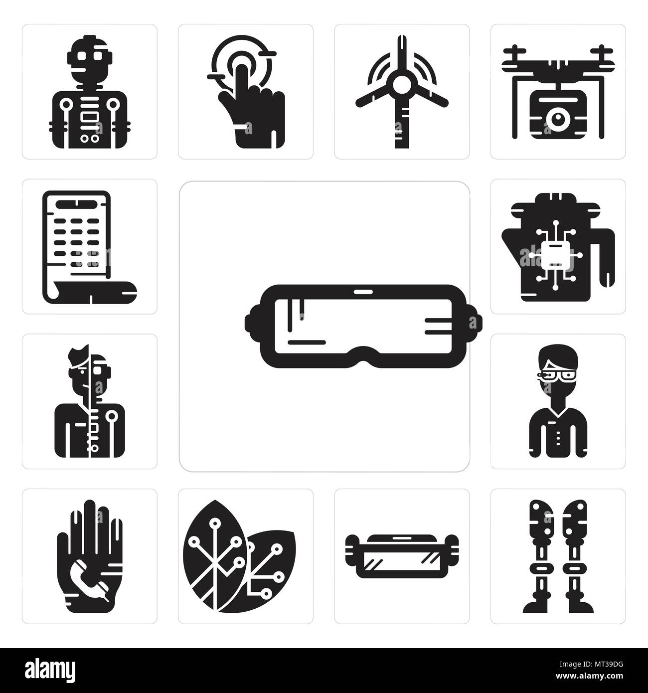 Set di 13 semplici icone modificabile come occhio rift, protesi, Ar occhiali, energie rinnovabili, telefonata, Google Humanoid, bollitore, lo smartphone può essere Illustrazione Vettoriale