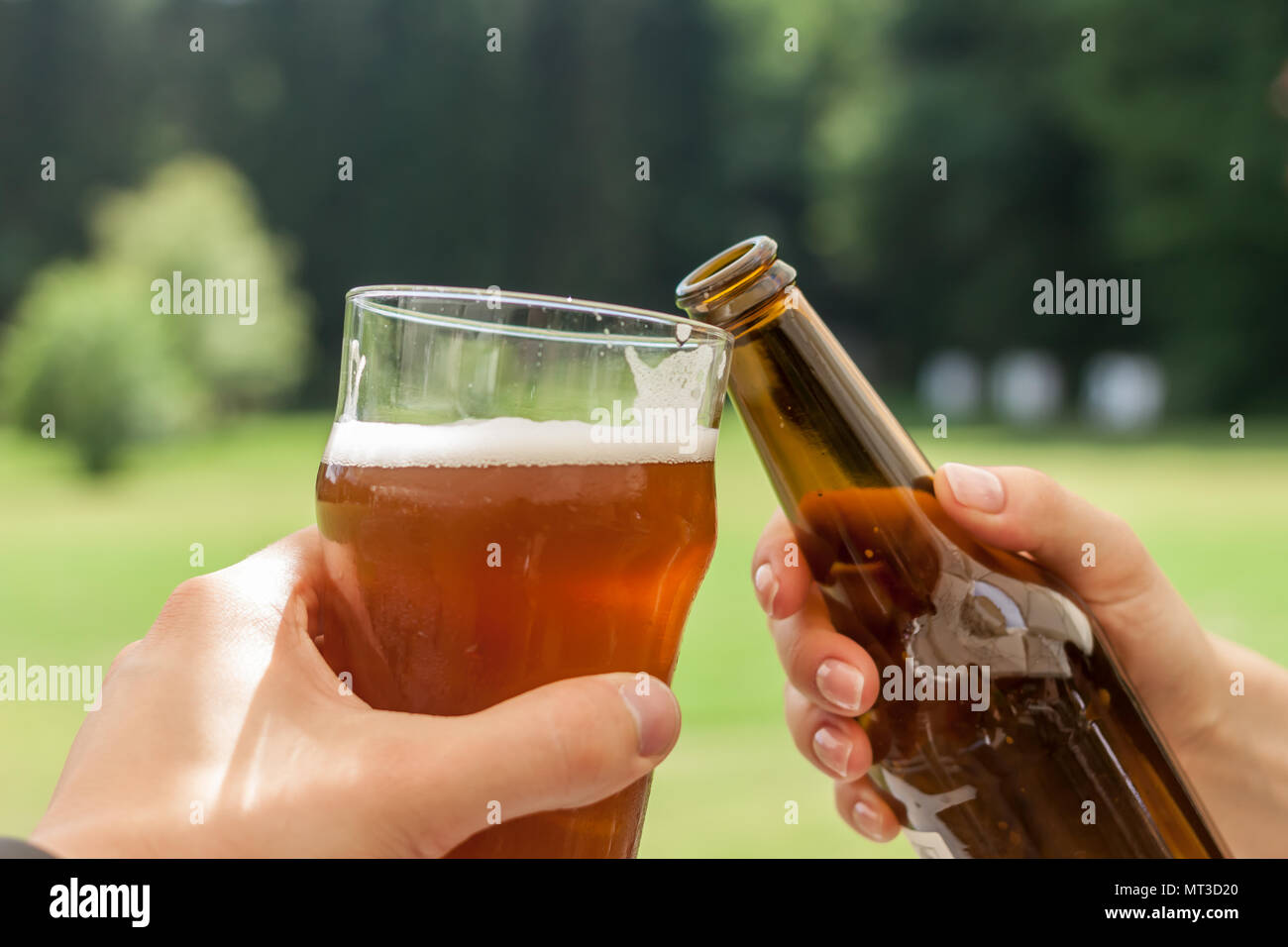 Cheers vetro e bottiglia di birra Foto Stock