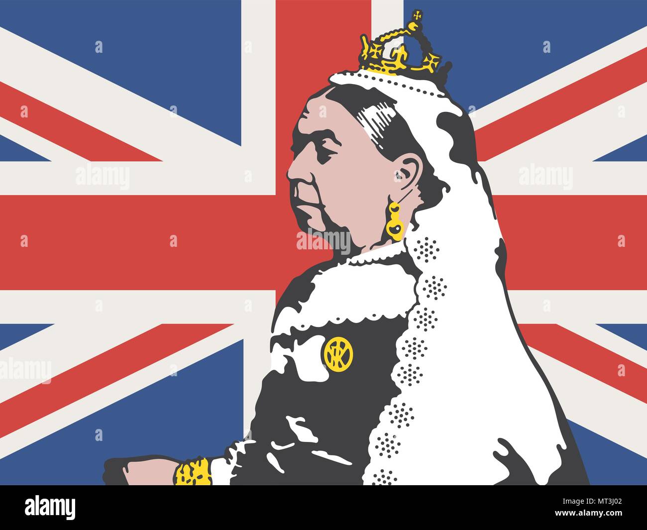 La regina Victoria illustrazione vettoriale. Disegno di Victoria, l'ex regina dell'Inghilterra contro uno sfondo della britannica Union Jack flag. Illustrazione Vettoriale